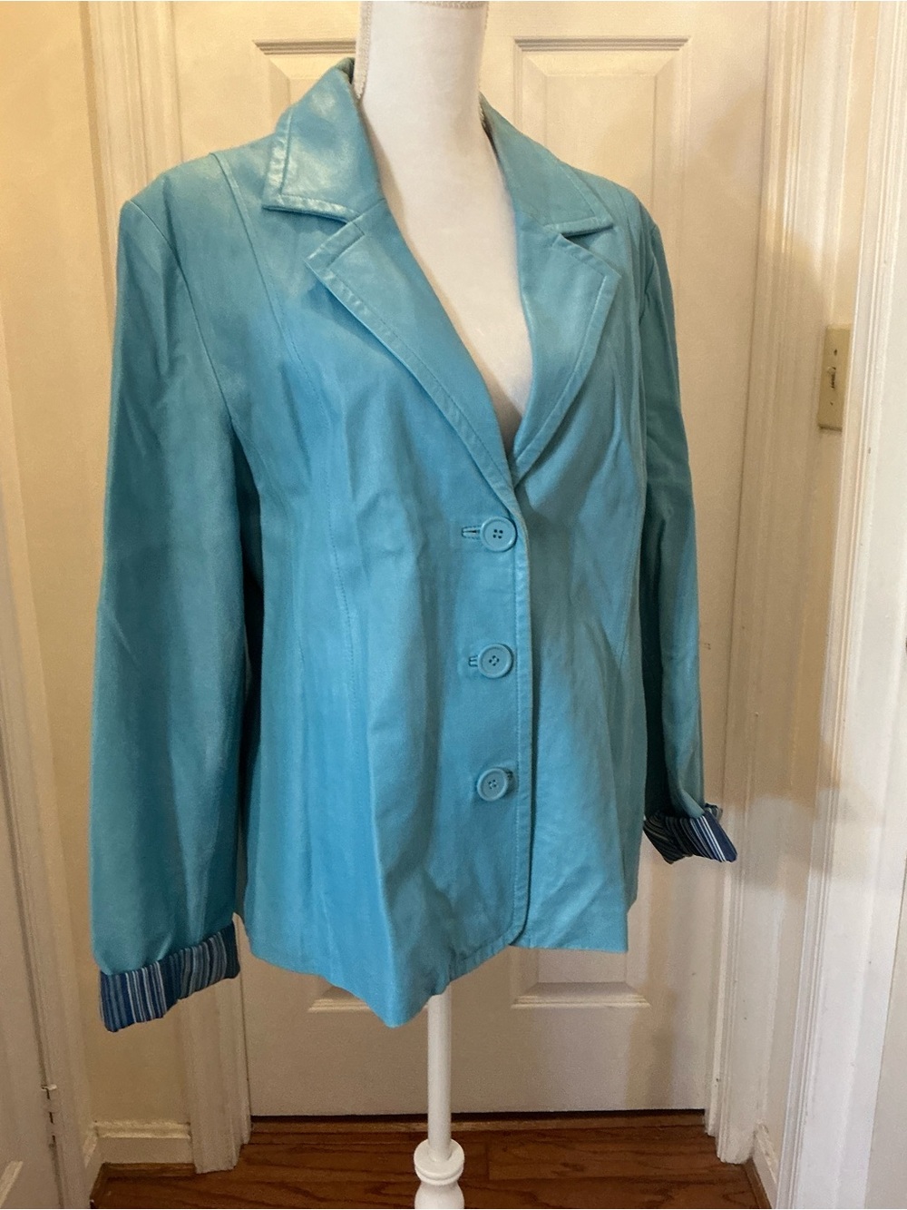 Dialogue Aqua Blue Genuine Leather Blazer Jacket XL Striped Lining